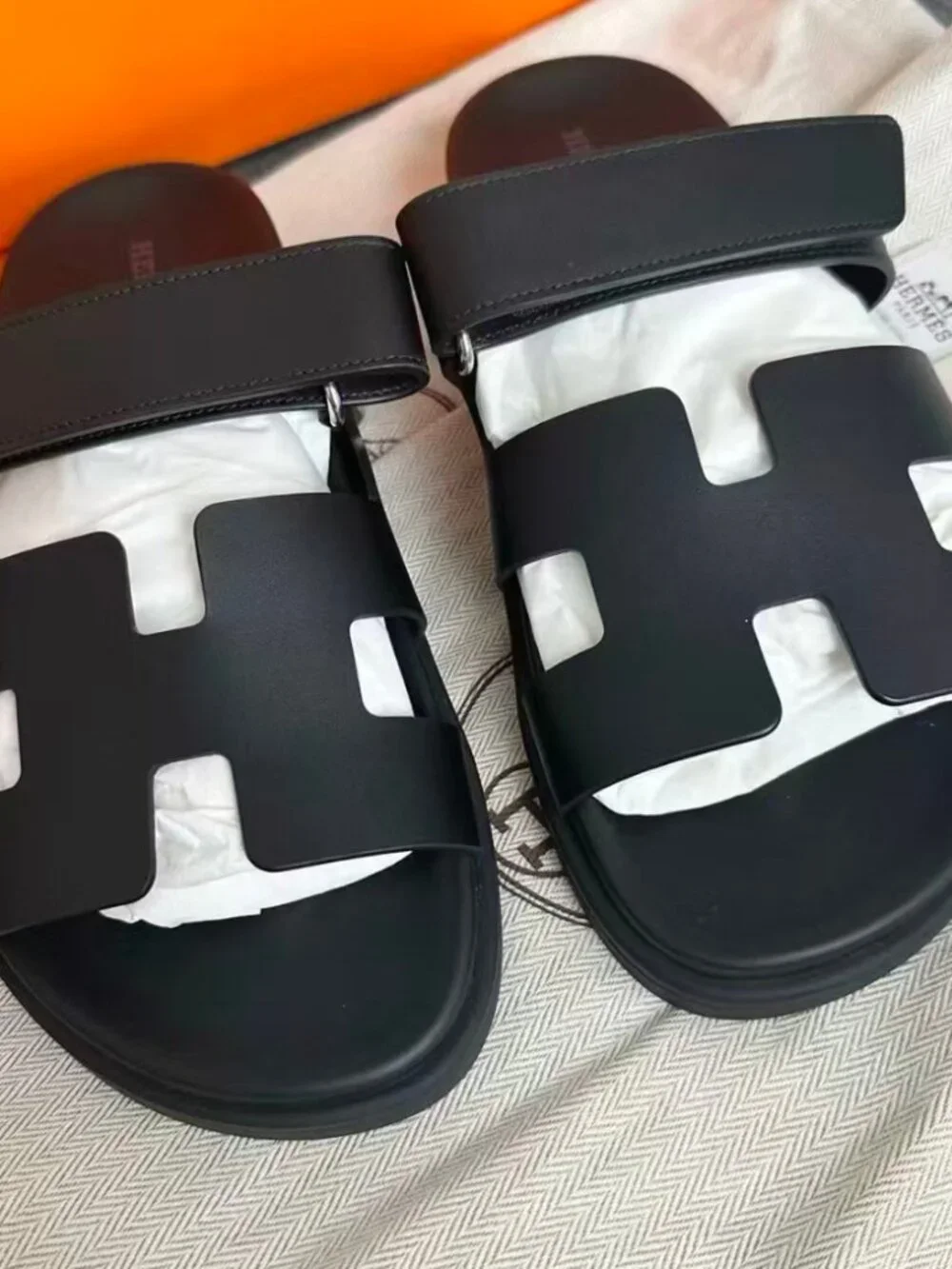 HERMÈS Classic Black Leather Slip-On Slide Sandals